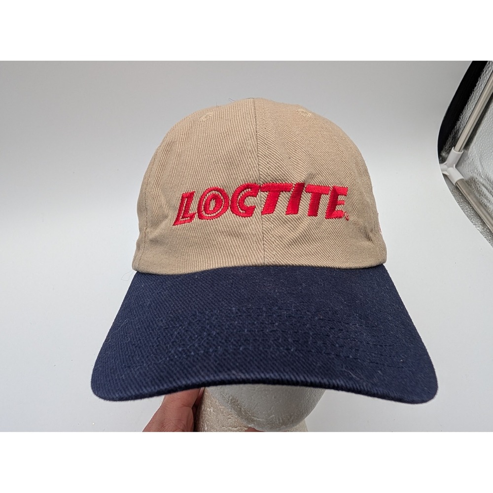 Vintage Loctite Henkel Hat Mens Khaki Navy Blue Two Tone Made in USA Strapback
